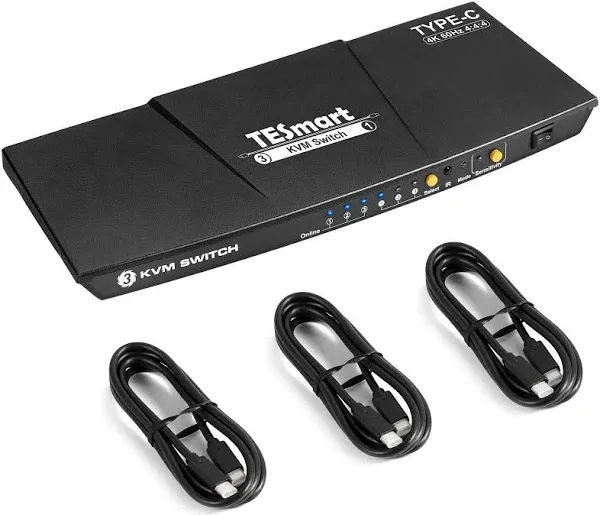 TESmart 3 Computers Commutateurs USBC KVM Video Switcher 3 Ports 3 In 1 Out 3x1 Type-C 4K 60 Hertz HDMI USB KVM Switches