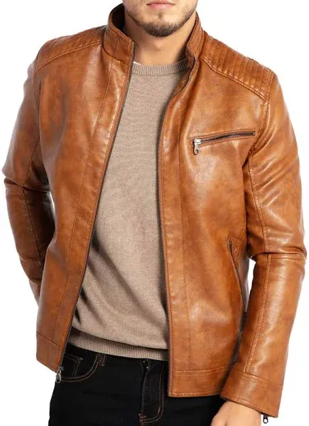 Men Casual Top Slim Fit Zip Pu Leather motor Jacket Stand Collar Biker Coat new 