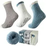 Bulinlulu Fuzzy Socks With Grips for Women 3 Pairs Non Slip Hospital Socks Sleep Warm Fluffy Slipper Socks with Grippers(Blue+White+Grey)