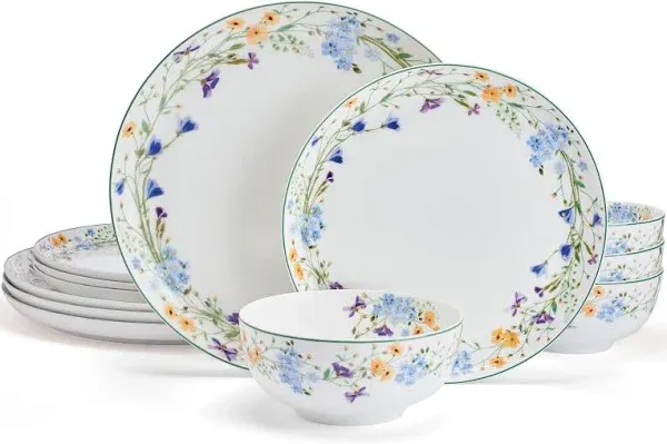 Quinn Lightweight Bone China 12 Piece Dinnerware Plate Bowl Set, Service for 4