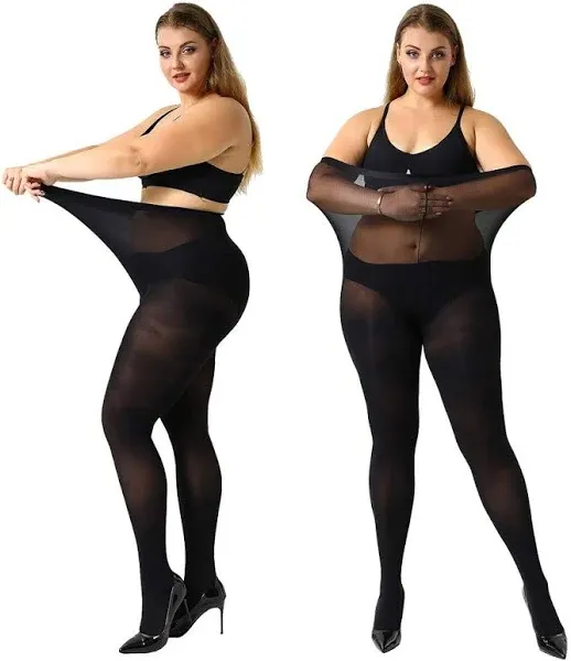 2 Pairs Womens Control Top Plus Size High Waist Opaque Pantyhose 3XL Plus Black