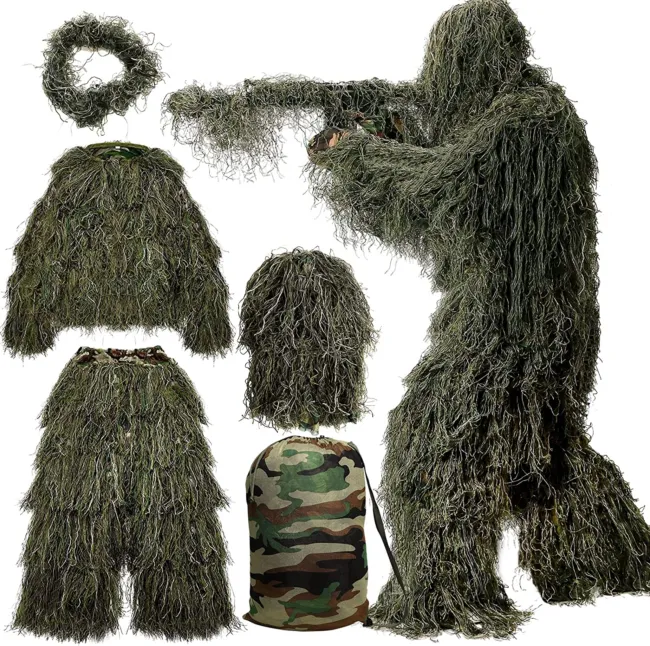 MOPHOTO 5 in 1 Ghillie Suit, 3D Camouflage Hunting Apparel Including Jacket, Pan