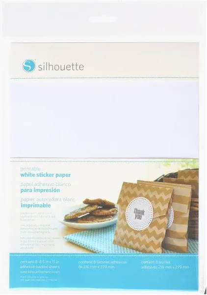 Silhouette Printable Sticker Paper 8.5&#034;X11&#034; 8/Pkg-White, MEDIAWH