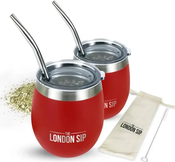 London Sip Yerba Mate Cup and Bombilla Set, Includes 2 Mate Gourds, Spill Resistant Lids, and Mate Straws, Bombilla Brush and Pouch Included, Yerba Mate Gourd Kit Mate Tea Cups, Red