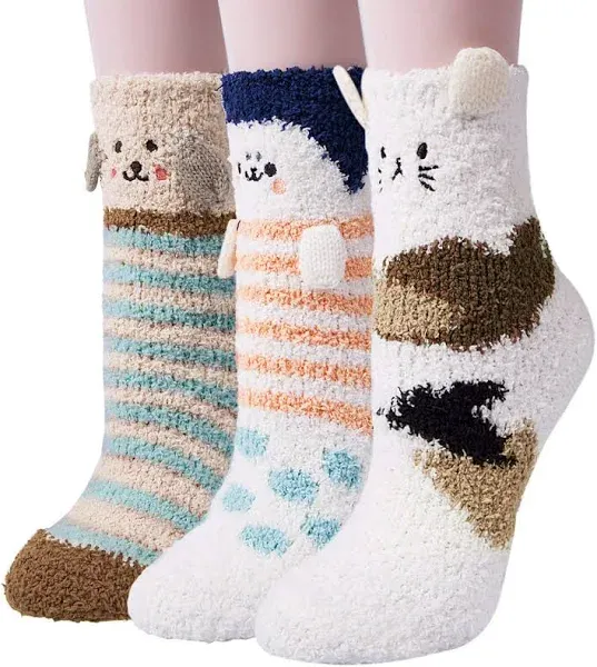 Loritta 3 Pairs Womens Fuzzy Socks Winter Warm Fluffy Soft Slipper Home Sleeping Cute Animal Socks