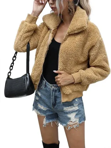 Women's Casual Shaggy Faux Fur Zip-Up Coat with Pockets