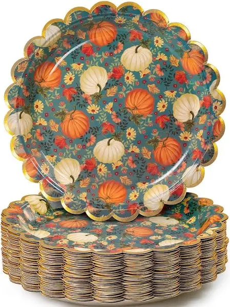 Thanksgiving Paper Plates, 50-Count Fall-Themed Decorative Disposable Serving Plates, Teal, Gold Foil Scalloped Edge, 9 Inches