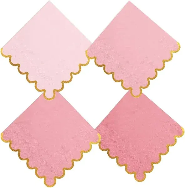 100 pack Pink Cocktail Napkins with Gold Foil Accents Scalloped Edges 5 x 5 inch Beverage Disposable Napkin Party Decoration Wedding Bridal and Baby Shower Dinner Lunch Supplies (Pink Mix)