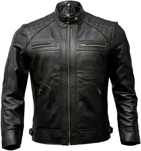 Men&#039;s 100% Real Leather Quilted Moto Biker Jacket Genuine Lambskin Black Jacket