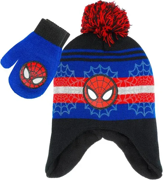 Boys&#039; Spider-Man red and black knit winter beanie and gloves set.