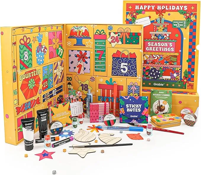 Grabie 2024 Limited Edition Holiday Advent Calendar, Mystery Box with 24 Handcrafted Art Tools Set, Includes Oil Pastels, Vibrant Watercolors, and a Treasure Trove of Craft Supplies, Christmas Countdown, Great gifts, All in One