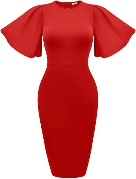 Women's Bodycon Ruffle Flared Pencil Midi Dress