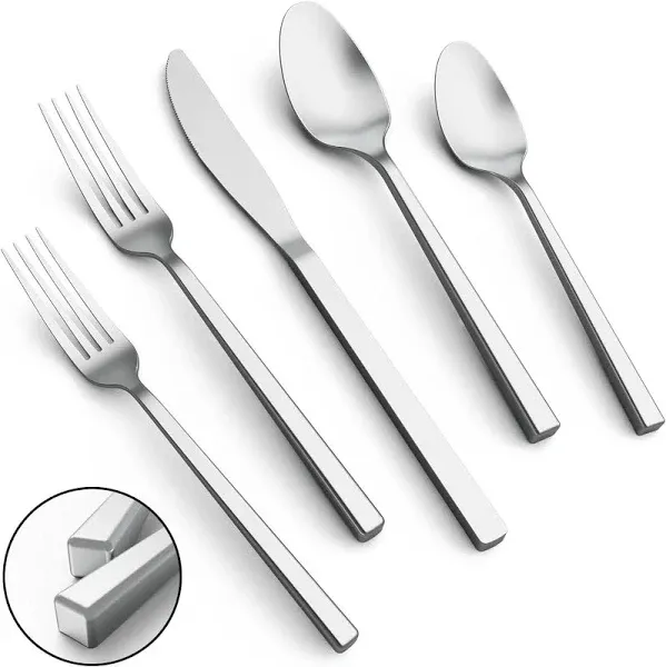 Cubic 20-Piece Silverware Set, 18/10 Stainless Steel Flatware, Modern Forged Cutlery Set, Service for 4, Mirror Polished Dishwasher Safe