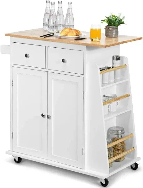 Kitchen Island Cart Rolling Wood Trolley Storage Cabinet Towel Handle 2 Drawers Side Spice Rack Wine