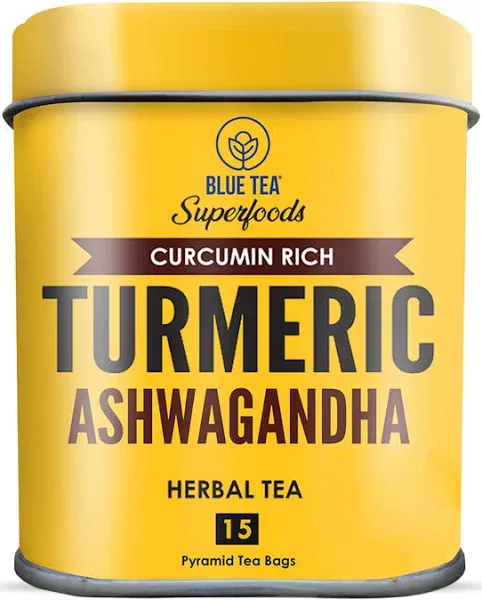 BLUE TEA - Turmeric Tea - Ashwagandha - 30 Count - Pyramid Plant Based Tea Bag | BLACK DEALS FRIDAY | CURCUMIN RICH - HERBAL BLEND | Herbal Tea - Caffeine Free - Non-GMO - Vegan - Gluten Free - No Sugar | Reusable Tin Pack