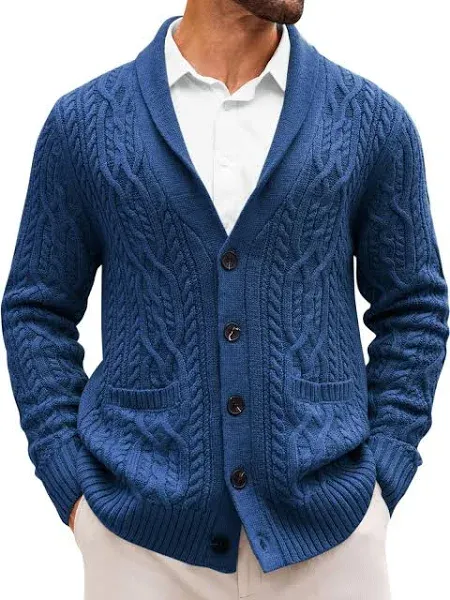 Runcati Mens Shawl Collar Cardigan Sweater Casual Cable Knit Button Down Winter Chunky Ribbed Sweaters