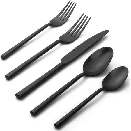 Cubic Black 20-Piece Silverware Set, 18/10 Forged Stainless Steel Flatware, Mirror Polished Modern Cutlery Set, Service for 4, Dishwasher Safe