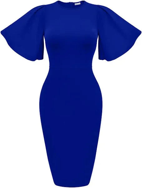 Memoriesea Women's Basic Bodycon Ruffle Flared Short Sleeve Pencil Midi Dress