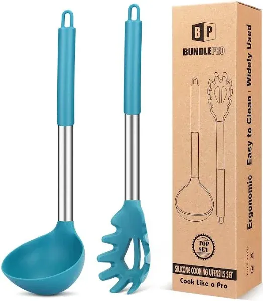 Silicone Pasta Fork and Ladle Spoon Set, Large Non Stick Kitchen Utensils for Cooking,Stirring,Serving Spaghetti, Soup, Sauce (Blue)