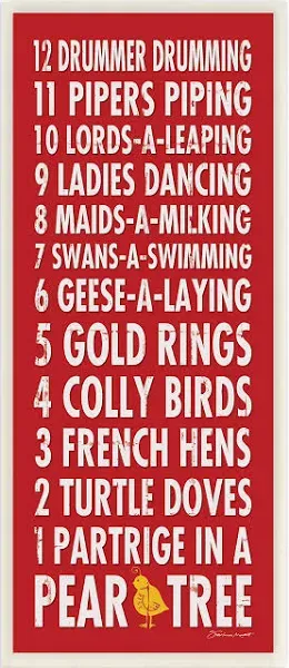 Red and White 12 Days of Christmas Typography Rectangular Wall Plaque 17" x 7"