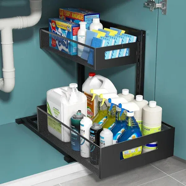 2 Tier Metal Under Sink Organiser, Smooth Pull Out Kitchen Under Sink Organiser