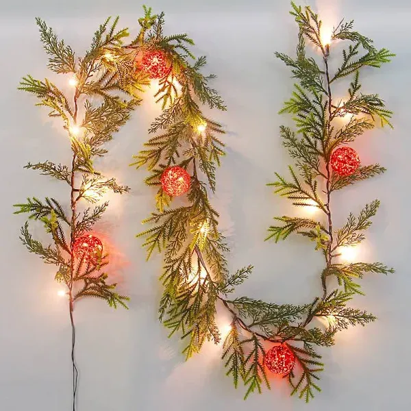 CCINEE 6FT Christmas Garland with Lights Prelit Artificial Xmas Garland with 20 LED Battery Operated Lighted Spruce Garland with Red Christmas Ball