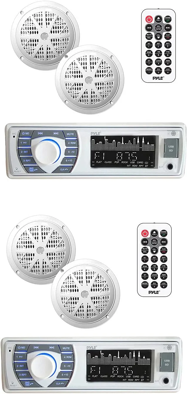 Pyle PLMRKT36WT 5.25 Inch Waterproof Bluetooth Marine Stereo Receiver and Speaker Kit with Hands Free Calling and Wireless Streaming, AM/FM Radio, MP3/USB/SD Input, White (2 Pack)