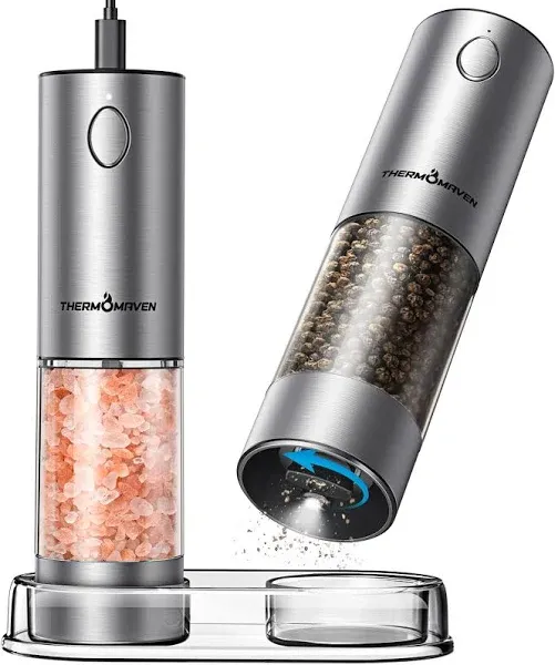 Electric Salt and Pepper Grinder Set, 2.5 Oz Larger Rechargeable Automatic Salt and Pepper Mill Grinder with 6 Adjustable Coarseness, Electric Salt and Pepper Shakers, LED, 2 Packs, Silver