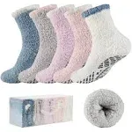 Bulinlulu Fuzzy Socks With Grips for Women 5-Pairs Non Slip Sleep Warm Fluffy Slipper Socks with Grippers for women(Blue+Grey+Purple+Pink+White)