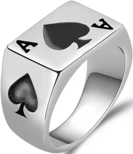 Mens Womens Stainless Steel Ring Poker Spade Ace Silver Black Sizes 6-14