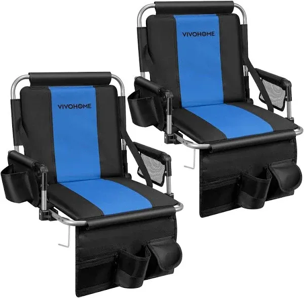 VIVOHOME Stadium Seats with Back Support and Cushion, 2 Pack Portable Bleacher Chairs with Cup Holder, Storage Bags and Shoulder Strap