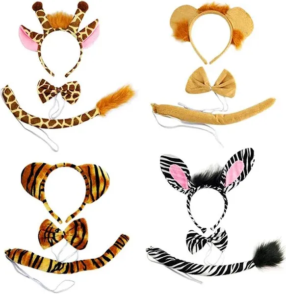 4 Sets Zoo Animal Headbands for Adults, Halloween Animal Ears and Tail Set An...