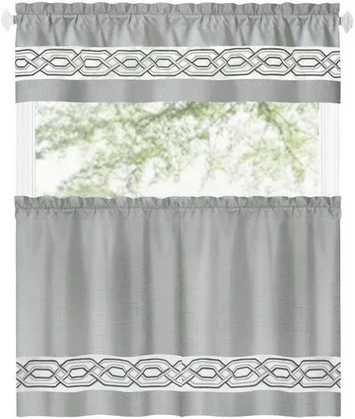 Paige Embroidered Kitchen Curtain and Valance Set, Tiers 55x36, Valance 55x13 Inches