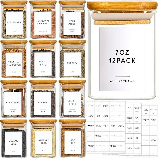 Laramaid 7oz 12Packs Glass Jars Set with Minimalist Spice Labels, Square Spice Jars with Bamboo Lids and White Vinyl Customized Sticker Labels, Food Storage Container Canisters