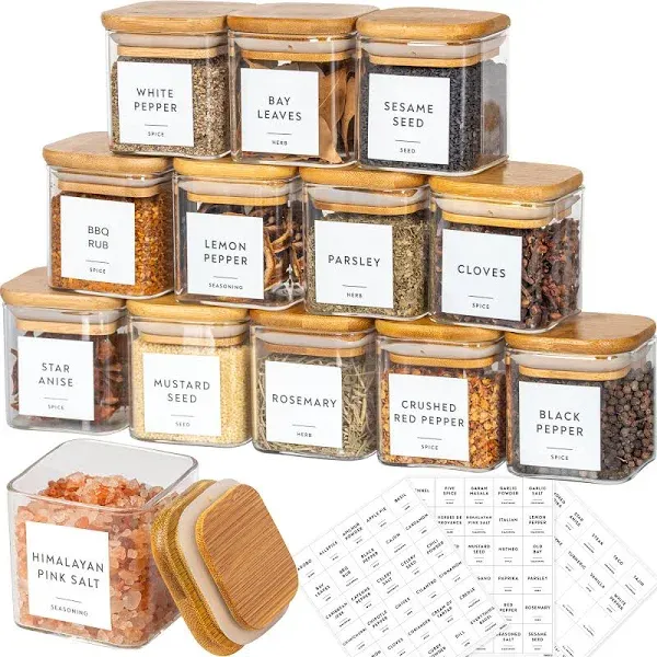 Laramaid 5oz 12Packs Glass Jars Set with Minimalist Spice Labels, Square Spice Jars with Bamboo Lids and White Vinyl Customized Sticker Labels, Food Storage Container Canisters