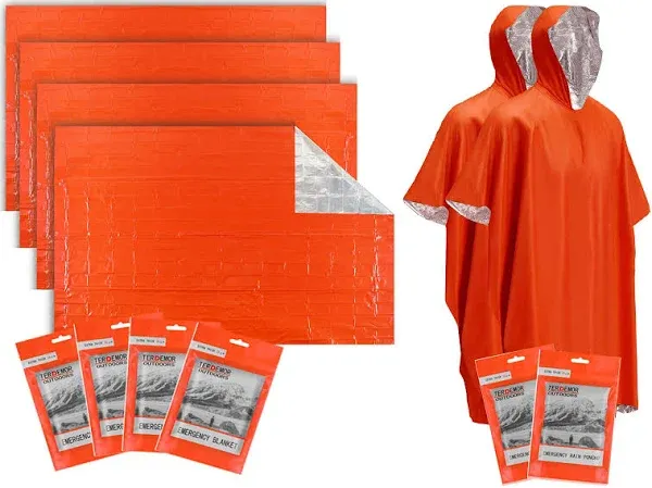 Terdemor Emergency Poncho (4 Pack), Emergency Blanket (2 Pack) with Mylar Bla...