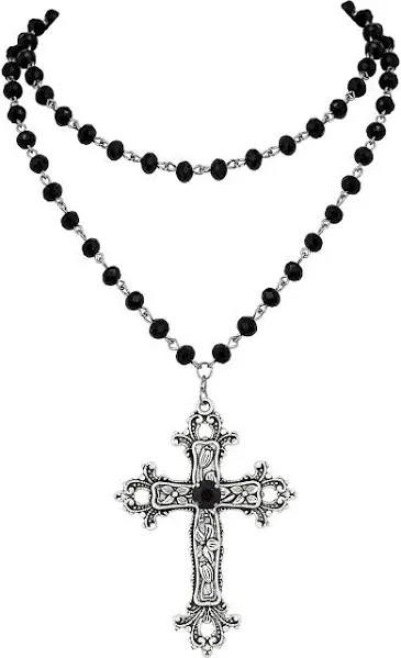 Sacina Black Cross Pendant Necklace, Bead Necklace, Black Necklace, Gothic Necklace, Goth Necklace, Costume Jewelry, Christmas Gift for Women