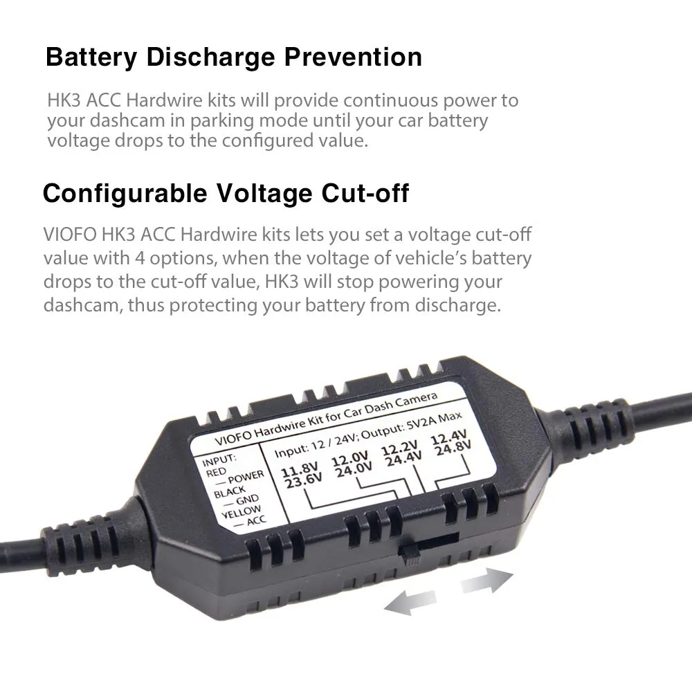 VIOFO HK3 ACC Hardwire Kit for A129, A129 Plus, A129 PRO, A129 IR, A119V3, Enables Parking Mode, Low Voltage Protection