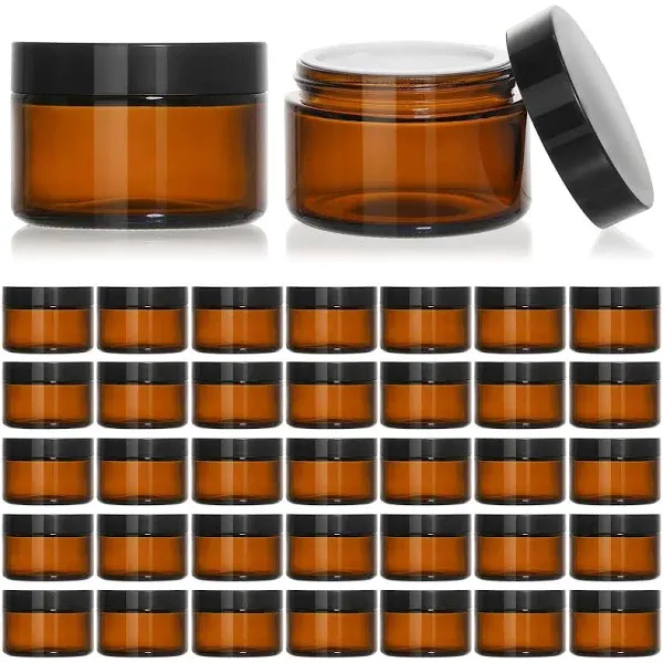 KEYWING 1oz Amber Glass Jars with Black Lids, 36 Pack Small Round Glass Cosmetic Jars with Inner Liners for Lotions, Cream, Powders and Ointments