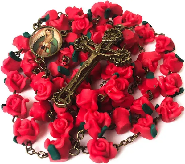 Our Lady of Guadalupe Red Rose Garden Rosary in Antique Bronze Finish 