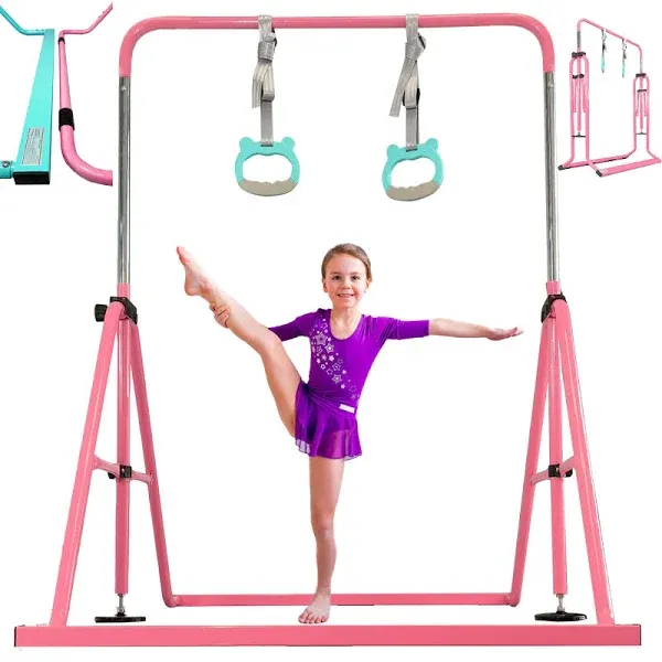 Updated Folding Gymnastics Bar with Rings, Foldable Kip Bar with Sturdier Bas...