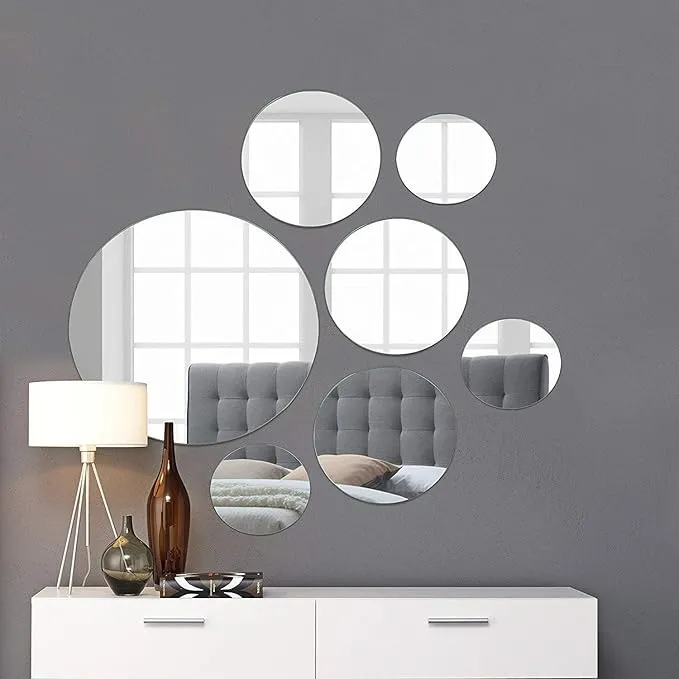 Light In The Dark Medium Round Mirror Wall Mounted Assorted Sizes (1x10”, 3x7”, 3x4”) - Set of 7 Round Glass Mirrors Wall Decoration for Living Room, Bedroom or Bathroom.