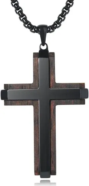 Lynx Men's 24" Stainless Steel Cross Necklace with Ebony Wood