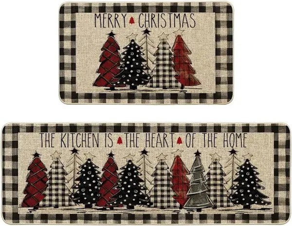 Artoid Mode Buffalo Plaid Xmas Tree Merry Christmas Kitchen Mats Set of 2, Winte