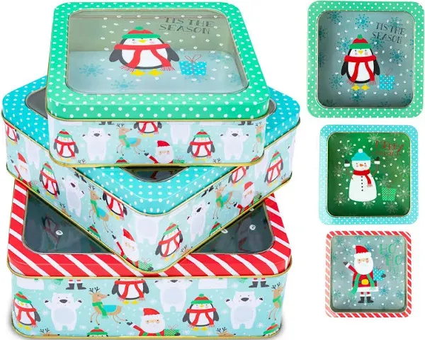 Plum Designs 3 Christmas Cookie Tins- Christmas Cookie Tins with Lids for Gif...