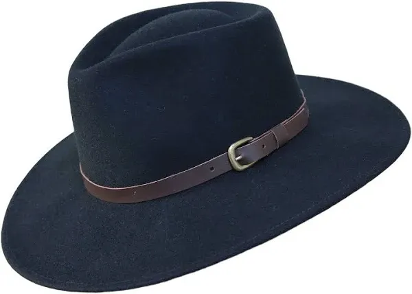 B&S Premium Lewis - Wide Brim Fedora Hat - 100% Wool Felt - Water Resistant - Leather Band