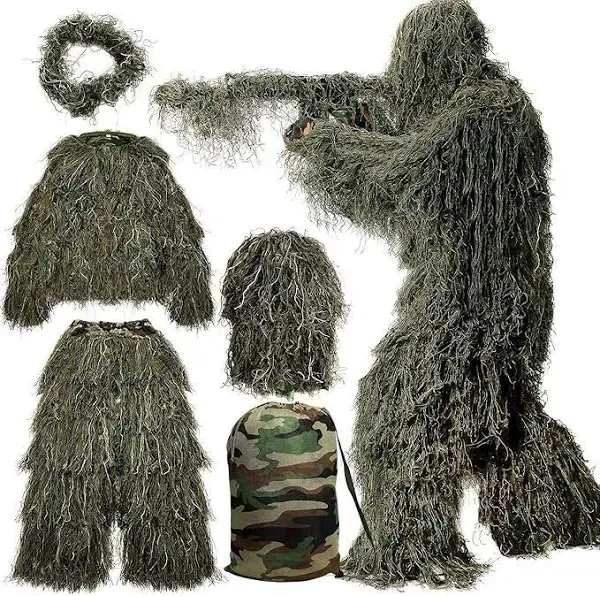  5 in 1 Ghillie Suit, 3D Camouflage Hunting Ghillie Suit for Kids Forest Green