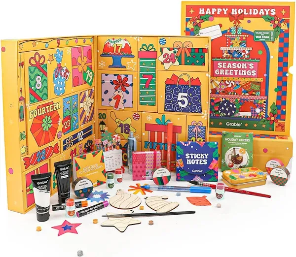 Grabie 2024 Limited Edition Holiday Advent Calendar, Mystery Box with 24 Handcrafted Art Tools Set, Includes Oil Pastels, Vibrant Watercolors, and a Treasure Trove of Craft Supplies, Christmas Countdown, Great gifts, All in One