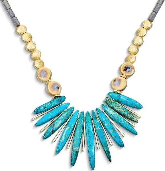 Gold Faceted Beads Compress Turquoise Stone Bib Fan Statement Necklace - Blue