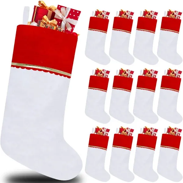 12 Pack Felt Christmas Stockings, 19 Inches White and Red Christmas Stockings, White Cuff with Gold Trim Christmas Stockings for Family Christmas Holiday Decorations